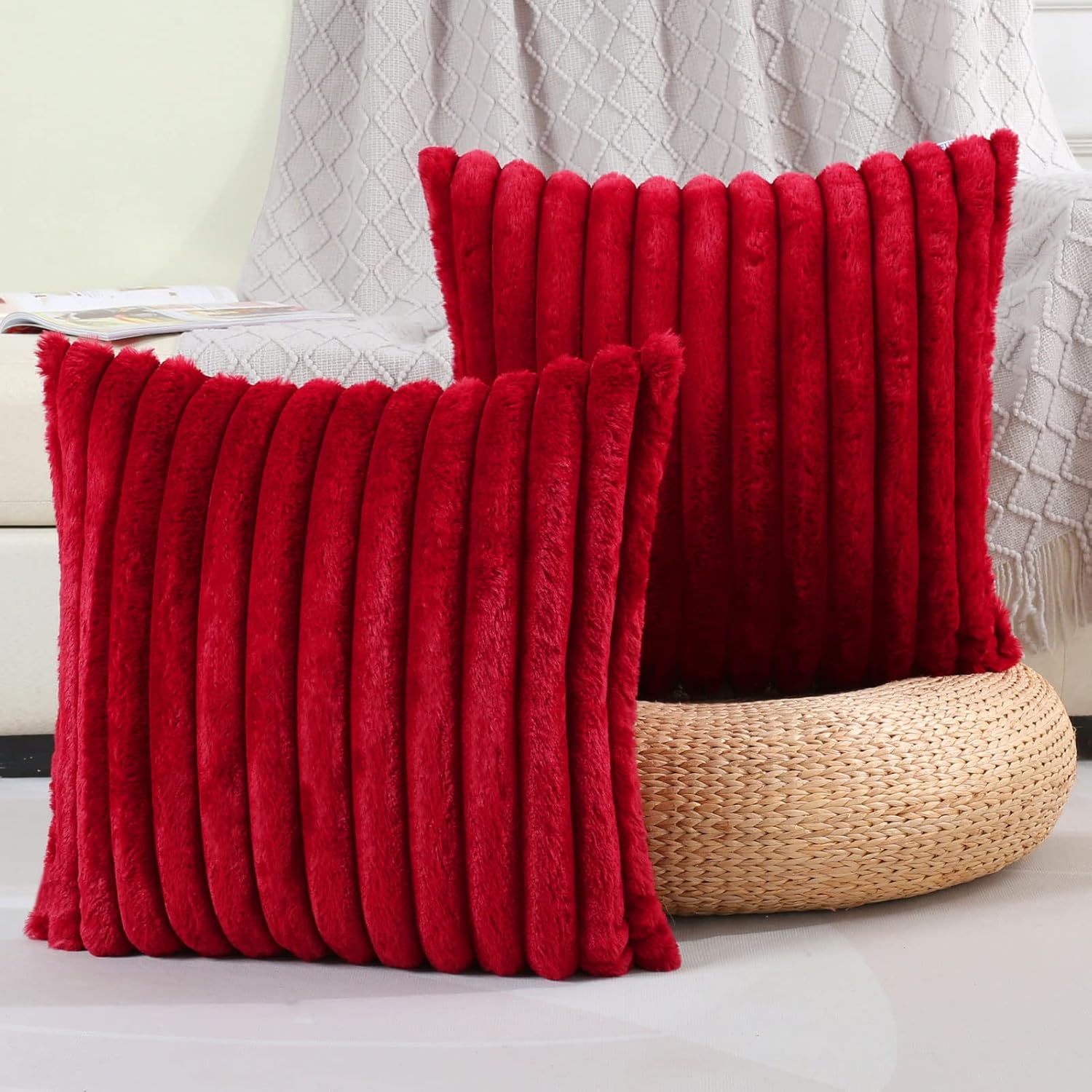 Juego de 2 fundas de almohada decorativas con rayas de color burdeos o rojo vino, 22 x 22 pulgadas, cuadradas y primaverales, piel sintética de
