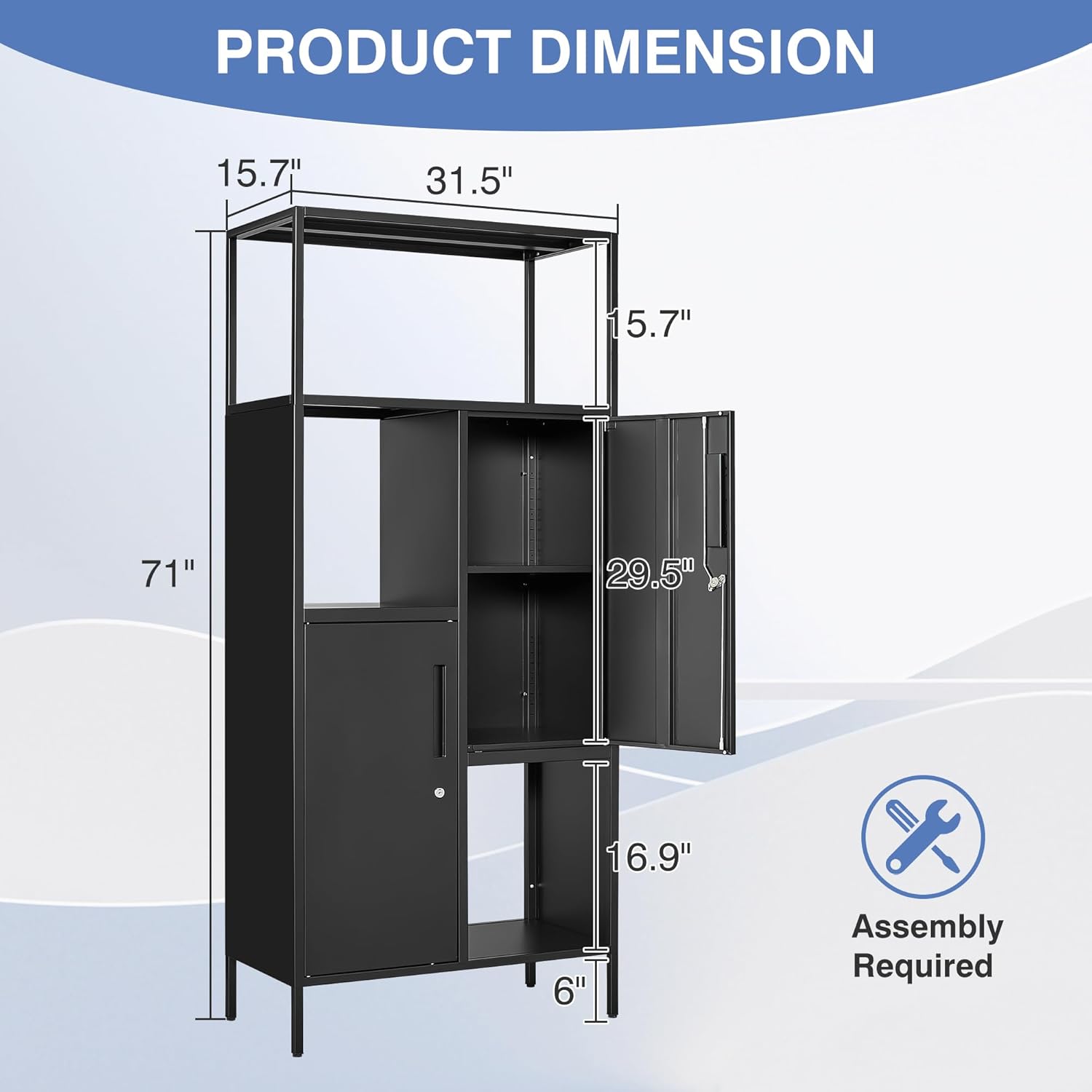 LISSIMO Gabinete de almacenamiento de metal con estante de almacenamiento abierto, estante de almacenamiento negro con puertas dobles, armario de