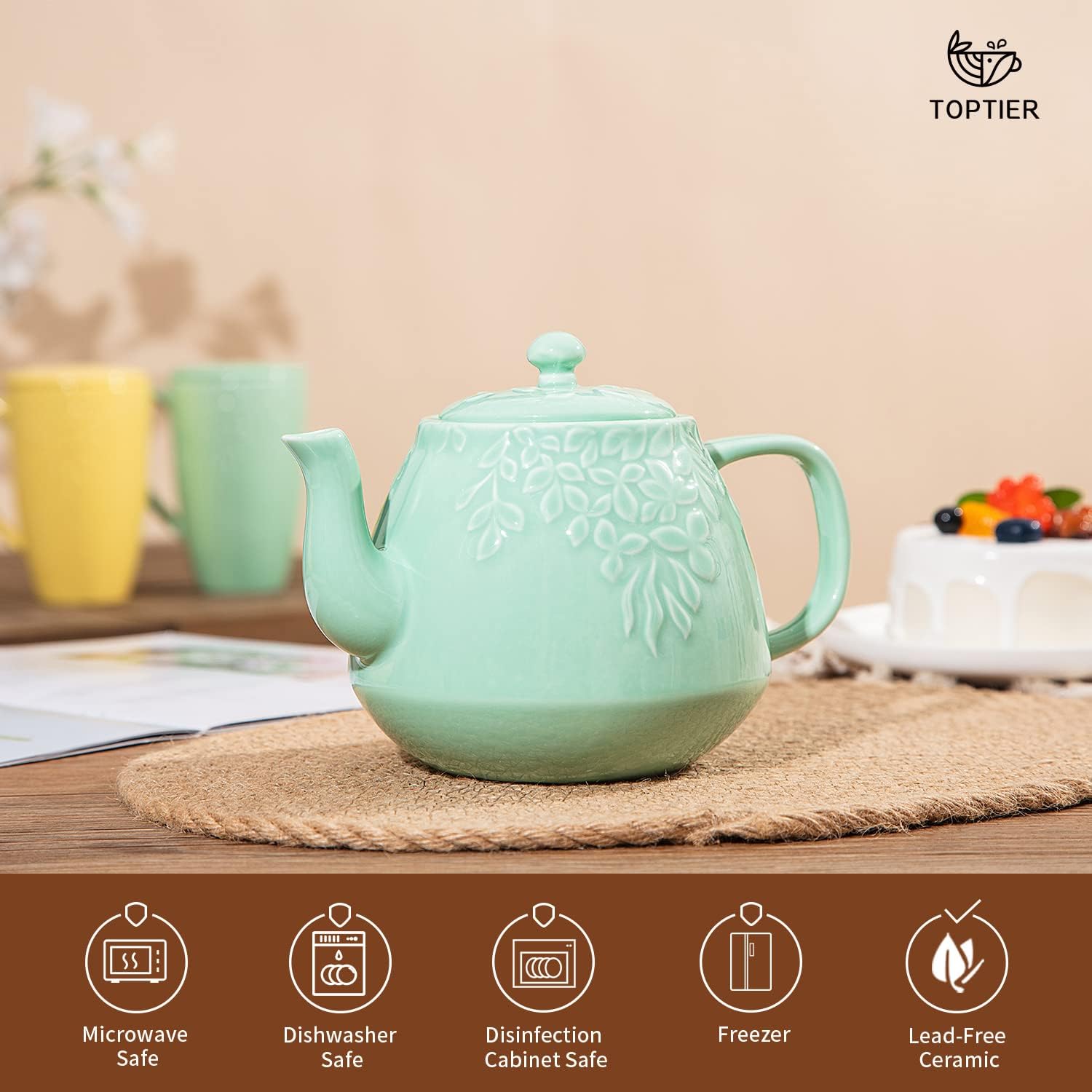 Toptier Tetera de hojas, tetera de porcelana con infusor y tapa, tetera de cerámica de hojas florecientes y sueltas, 37 onzas, verde claro