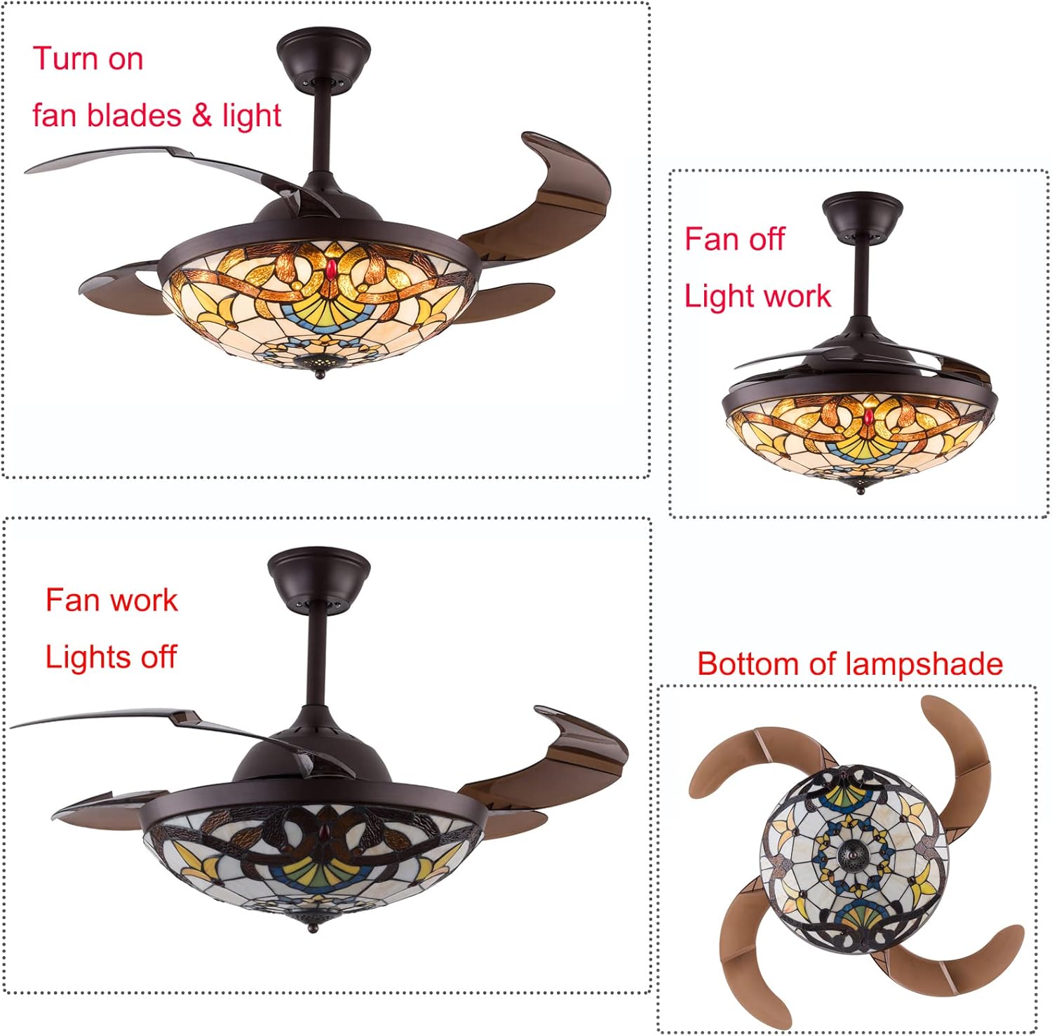 Ventilador de techo estilo Tiffany de 42 pulgadas, ventilador de techo retráctil con luces y control remoto, modo de avance y reversa, 3 velocidades