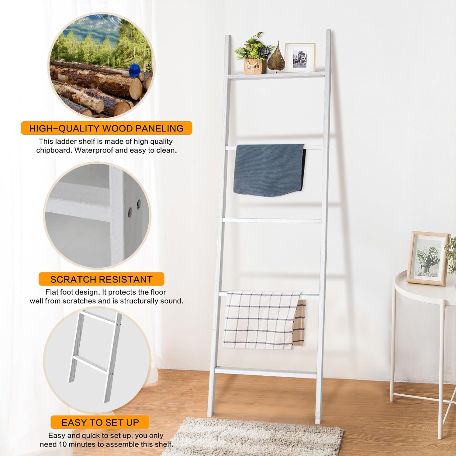 Ecomex Escalera para mantas, escalera para toallas, estante de madera para mantas, estante de manta de 5 niveles decorativo de pared inclinado para