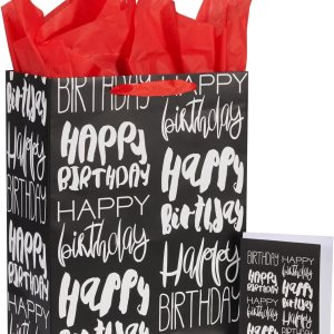 SUNCOLOR Bolsa de regalo de cumpleaños grande negra de 13 pulgadas con papel de seda rojo (feliz cumpleaños) SUNCOLOR Bolsa de regalo de cumpleaños grande negra de 13 pulgadas con papel de seda rojo (feliz cumpleaños)