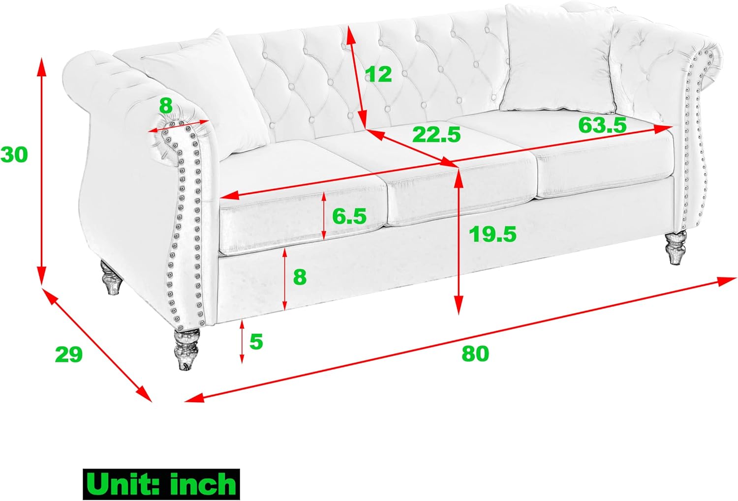 Sofá Chesterfield de terciopelo de 80 pulgadas, sofá de 3 plazas con dos almohadas, cabeza de clavos y brazos enrollados, sofá tapizado con respaldo