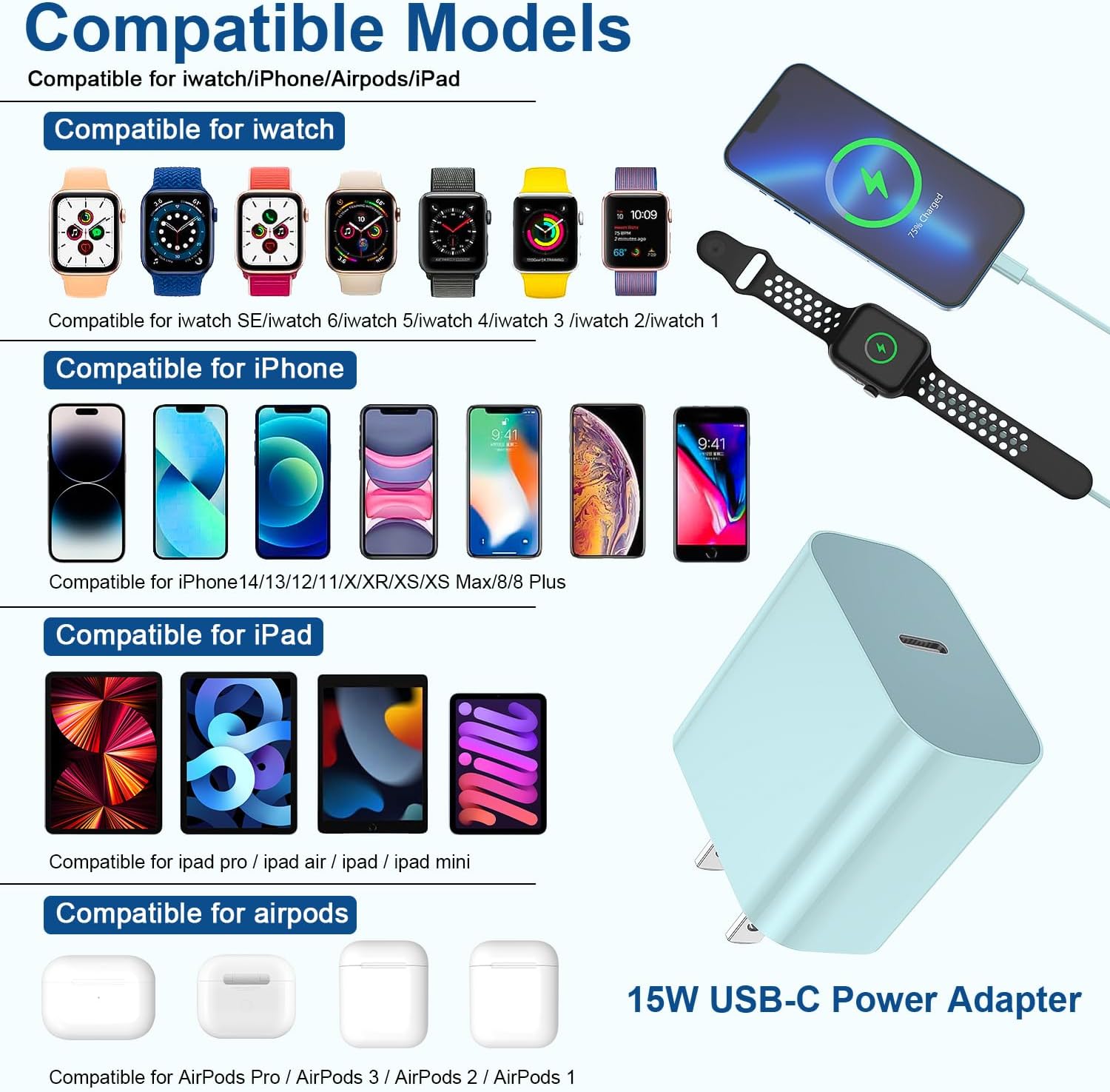 Cargador de Apple Watch, cargador rápido USB C 2 en 1 mejorado certificado Apple MFi, cable de carga magnético de 6 pies con bloque de cargador de