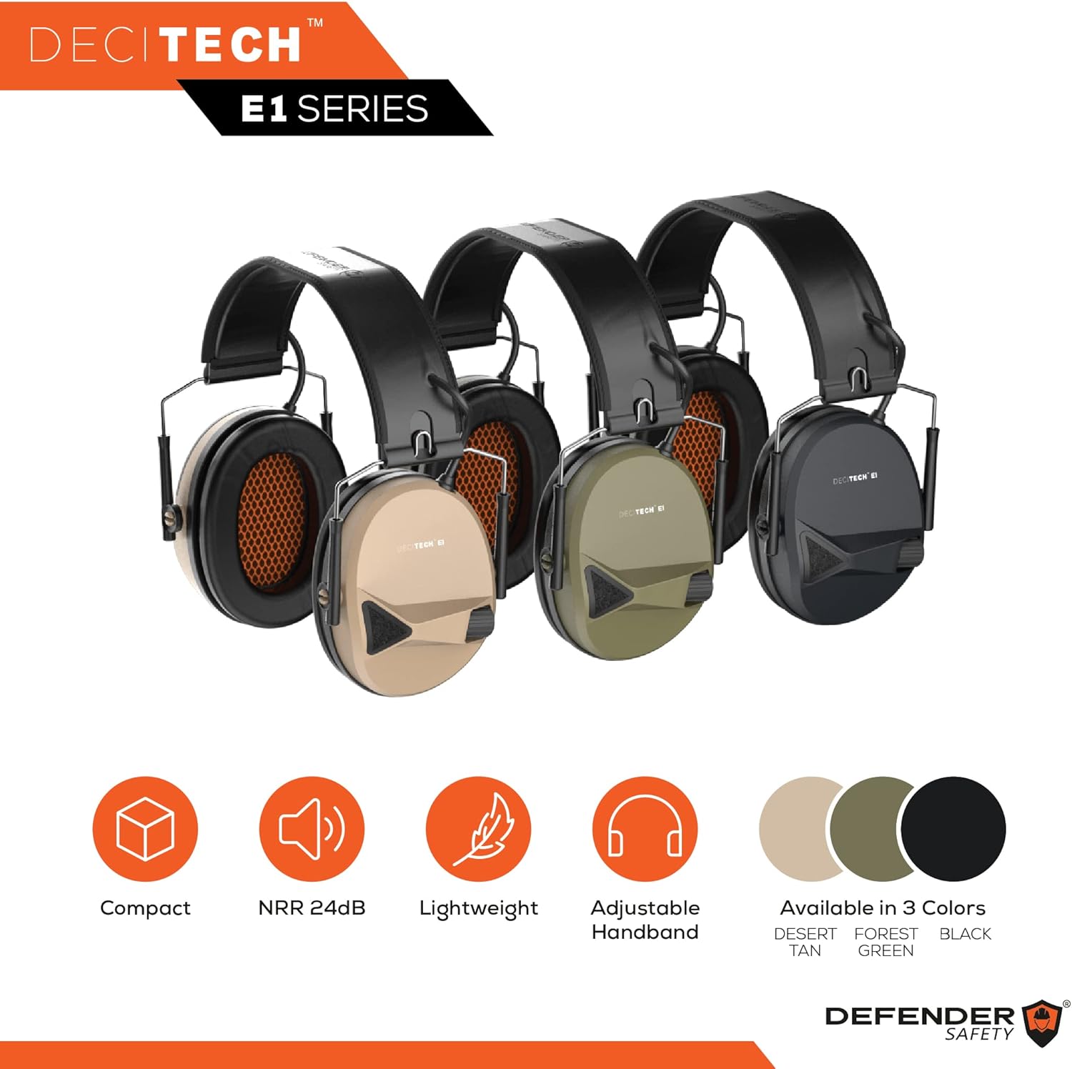 Defender Safety Decitech E1 – Protección auditiva activa electrónica, disparo, rango, caza, orejeras tácticas, 24 NNR clasificado.