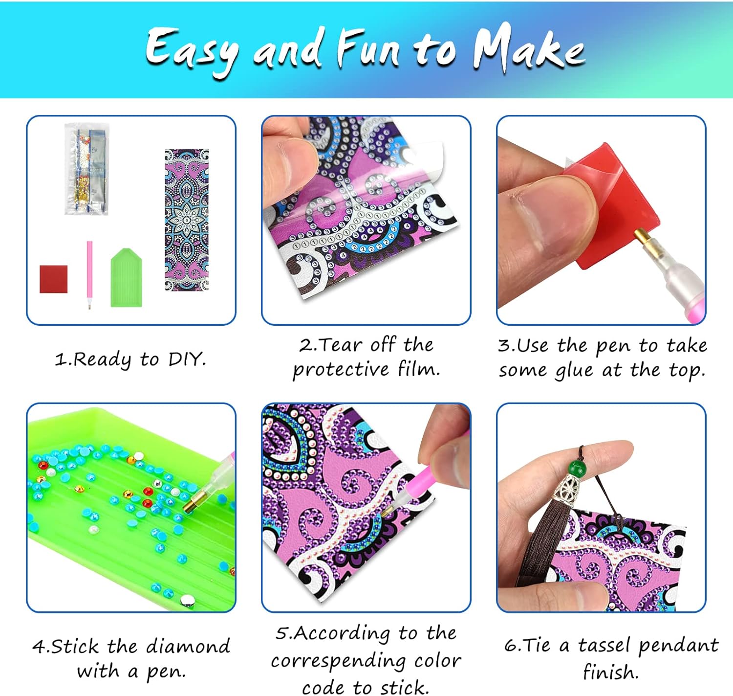 FuninCrea 2 marcapáginas de pintura de diamante con borla, de piel sintética, kit de marcadores de diamantes para manualidades florales, puntos 5D,