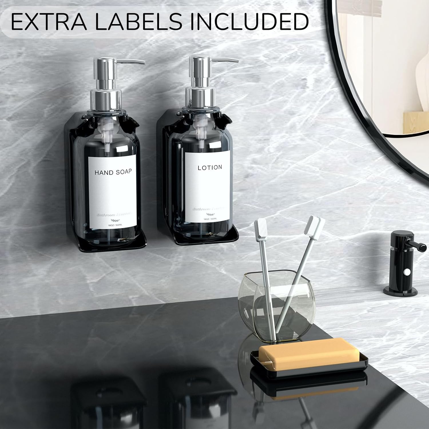 Elegante dispensador de champú y acondicionador de pared, juego de 3 dispensadores de jabón de ducha de 16 onzas sin taladro, 3 cámaras con 6