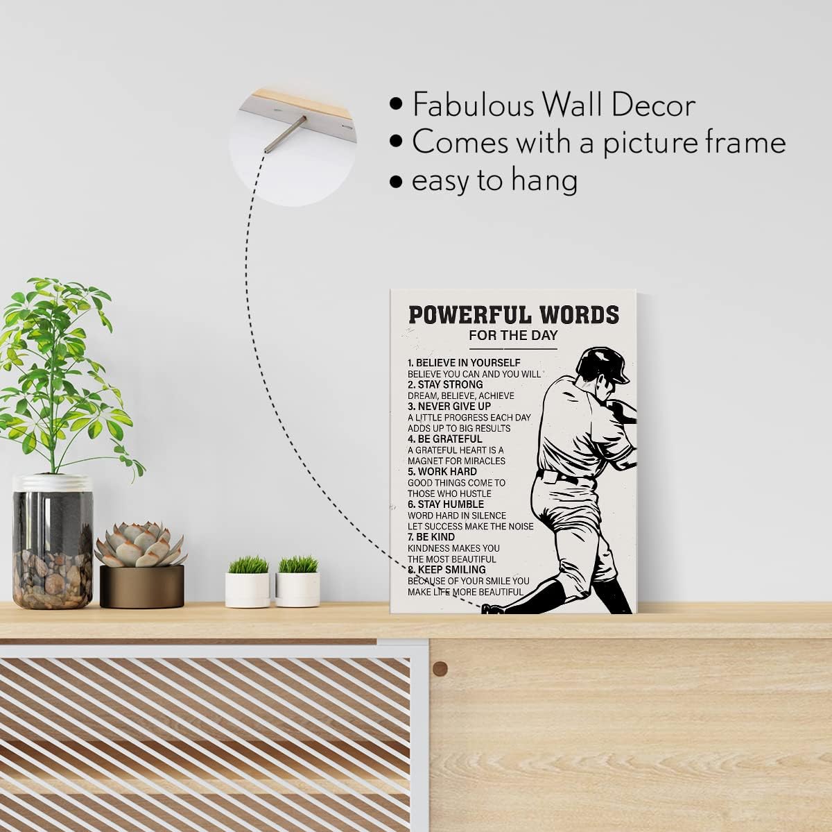 Lienzo enmarcado para jugadores de béisbol, palabras del día, decoración de pared enmarcada para sala de estar, dormitorio, arte de béisbol, póster