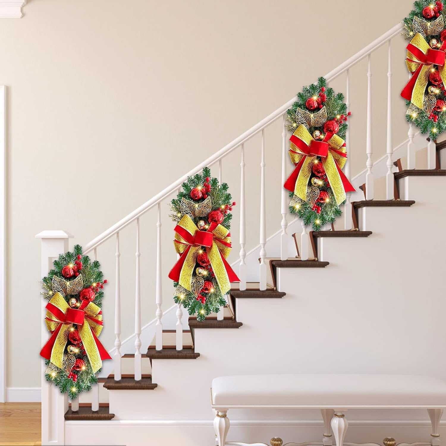 Guirnalda de escaleras de Navidad preiluminada, guirnalda de Navidad, el borde de escalera preiluminado inalámbrico, coronas de Navidad para puerta