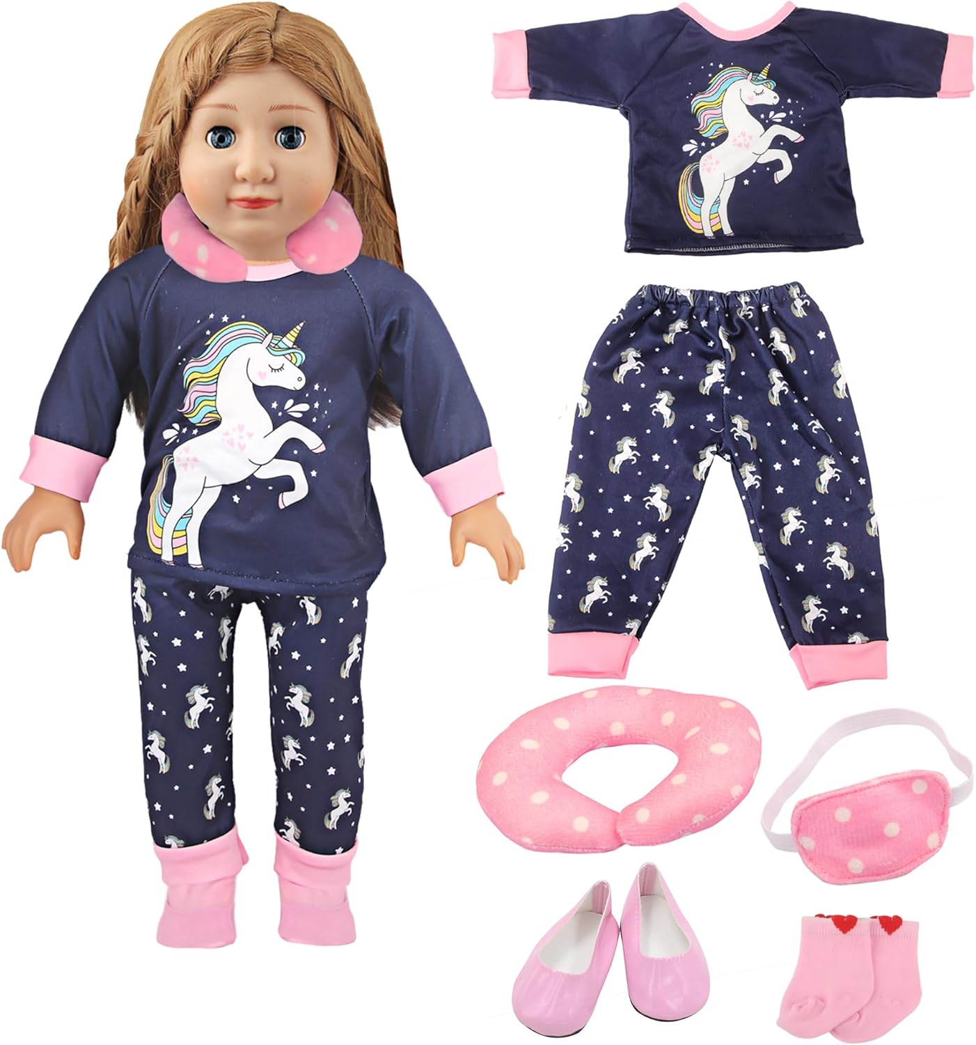 MSYO Conjunto de pijama de muñeca de 18 pulgadas, conjunto de ropa de dormir con temática de unicornio que incluye parte superior de pijama,