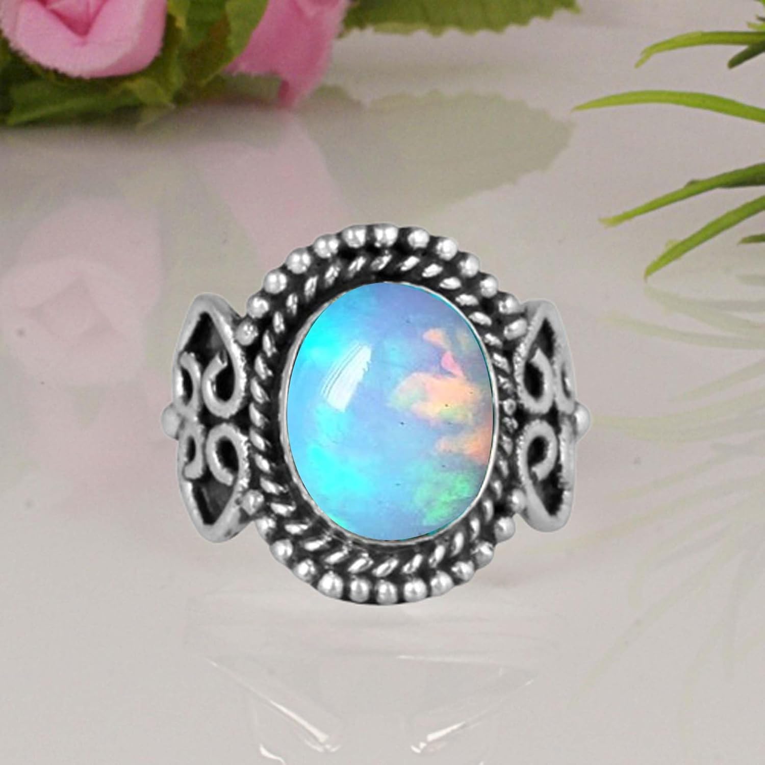 Elegant Aurora Opal Ring 925 Sterling Silver Ring Handmade Cabochon Oval Gemstone Designer Ring For Women Opal Jewelry Nature Inspired Ring By NKG