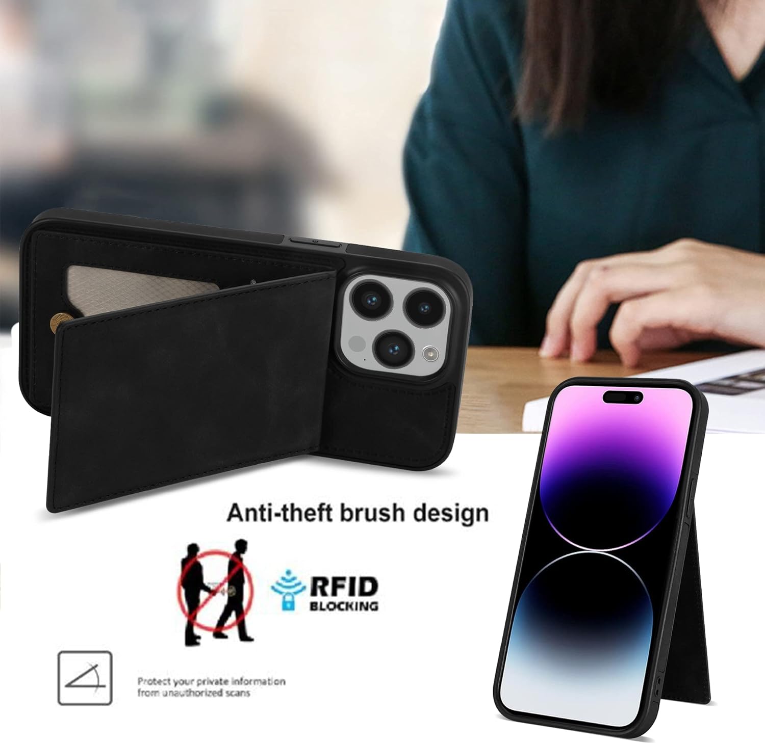 Asuwish Funda de teléfono para iPhone 15 Pro Max de 6.7 pulgadas con protector de pantalla y RFID delgado soporte para tarjeta de crédito, soporte