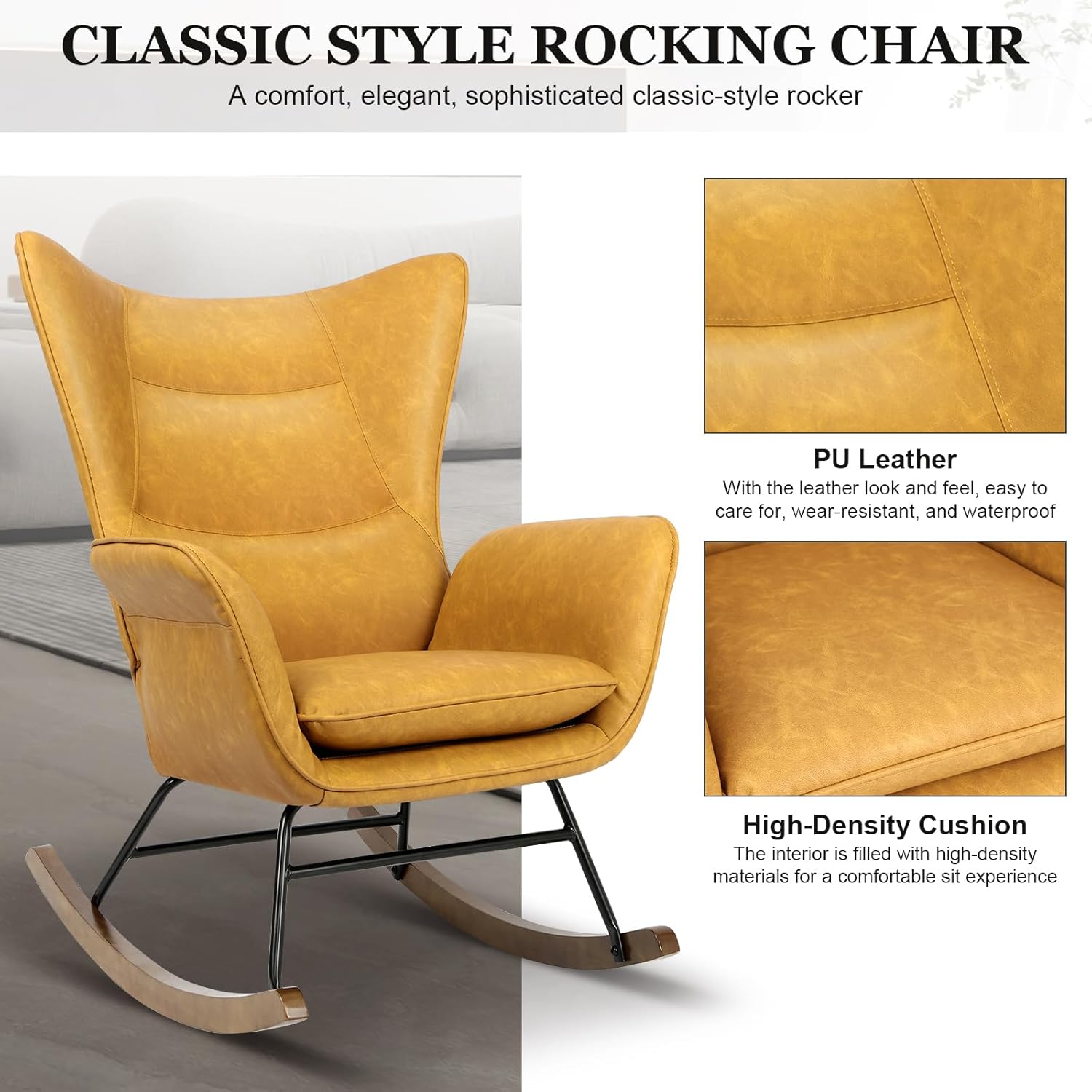 Mecedora de piel sintética, sillón moderno con respaldo alto, cómoda silla planeadora con asiento acolchado para guardería, dormitorio, sala de