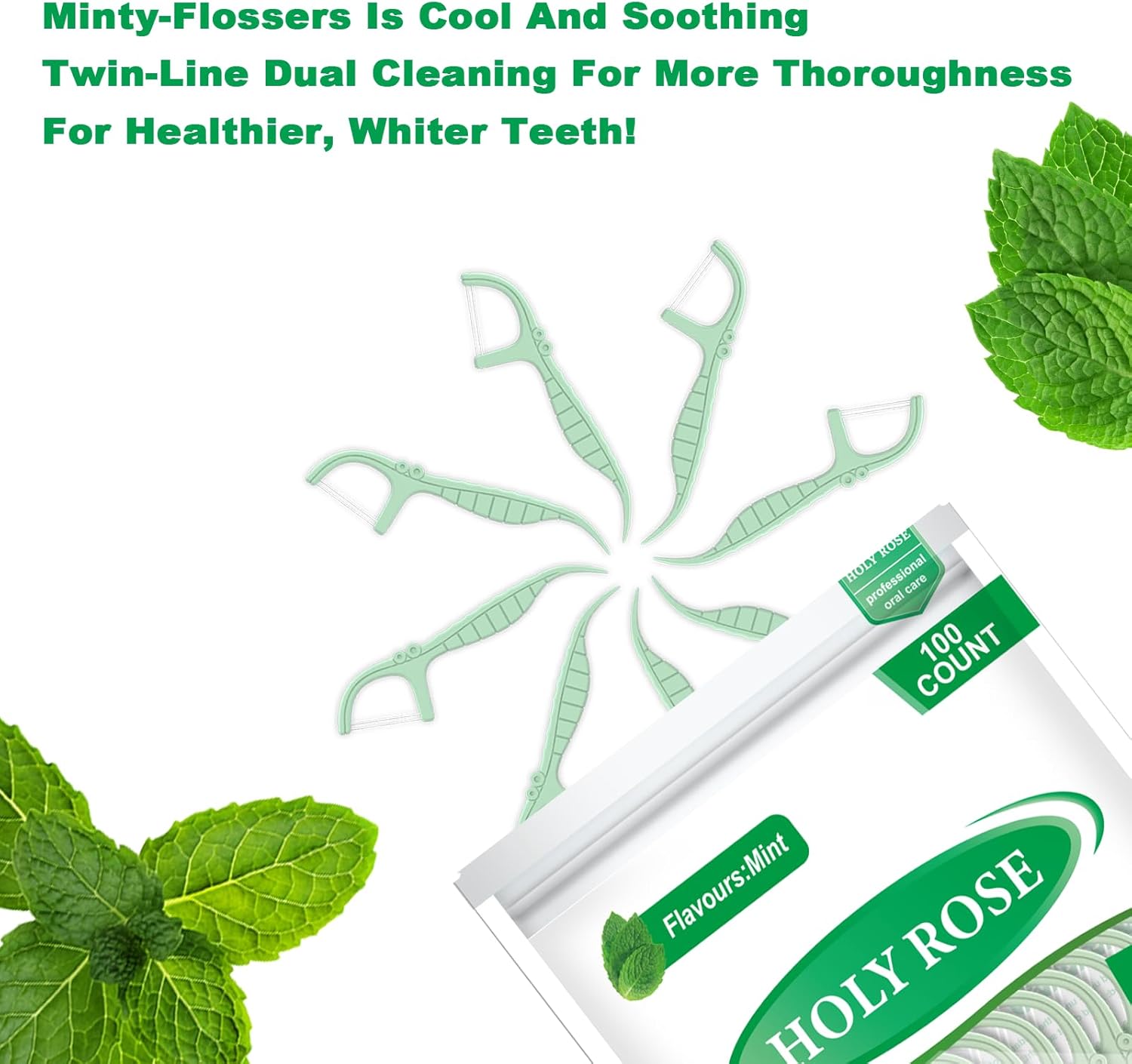Holy Rose Mint Twin Line – Palillos de hilo dental de doble acción, paquete de 300 unidades, kit de herramientas de limpieza de dientes de doble