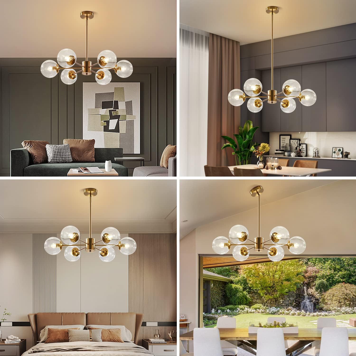KCO Lighting Modern – Lámpara de araña Sputnik de 6 luces con globo de vidrio transparente, lámpara colgante de techo ajustable de mediados de