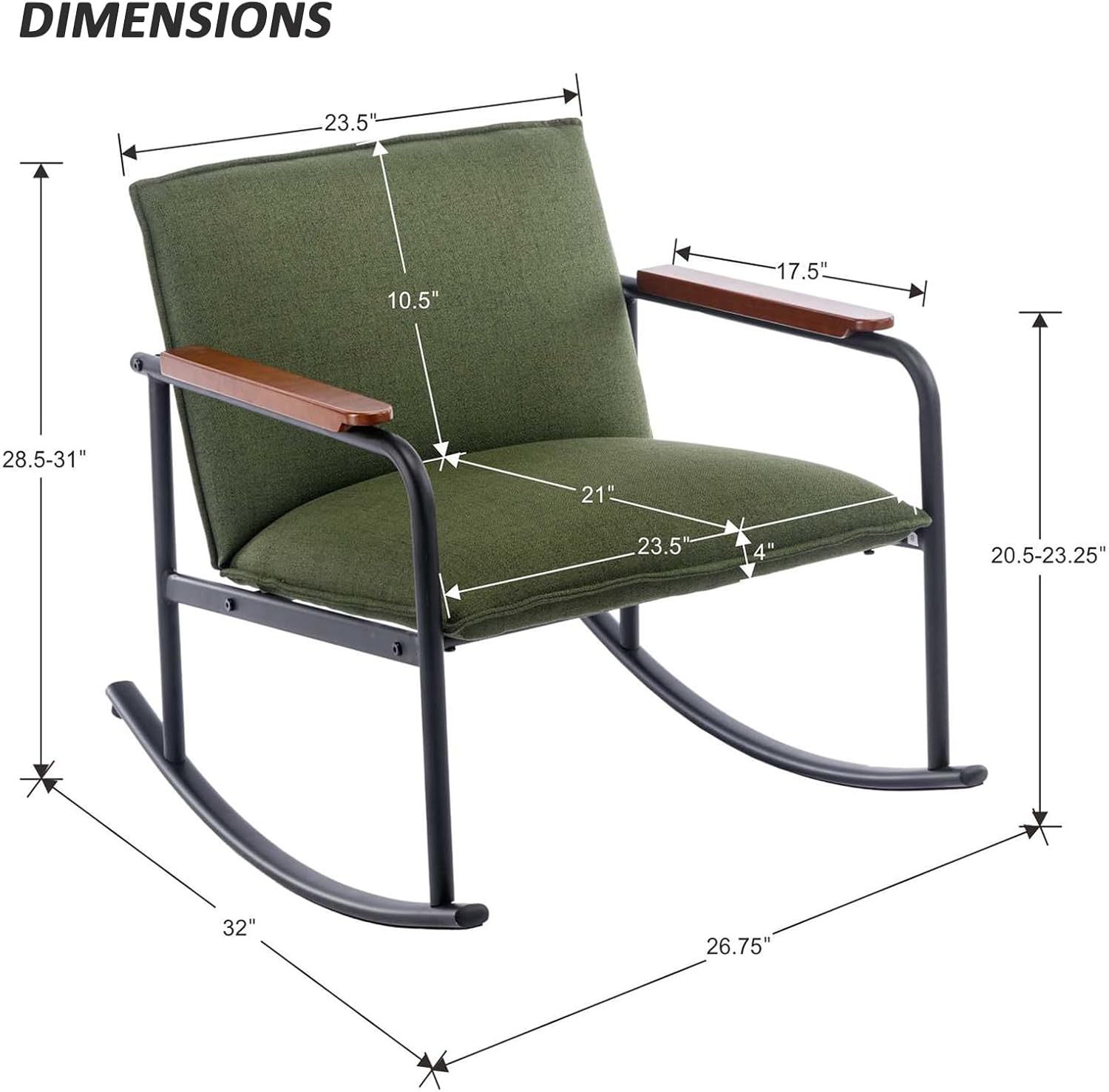 DUOMAY Modern Accent – Juego de 2 mecedoras tapizadas de mediados de siglo con base de metal, tela de lino, silla de guardería con agarres de madera