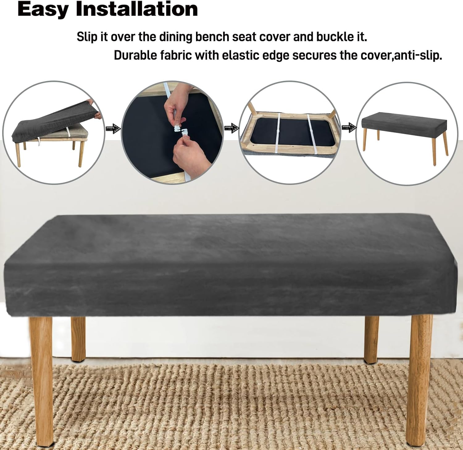 Funda protectora para banco de piano, de terciopelo elástico, grueso, rectangular, para sala de estar, dormitorio, cocina (tamaño mediano, gris)