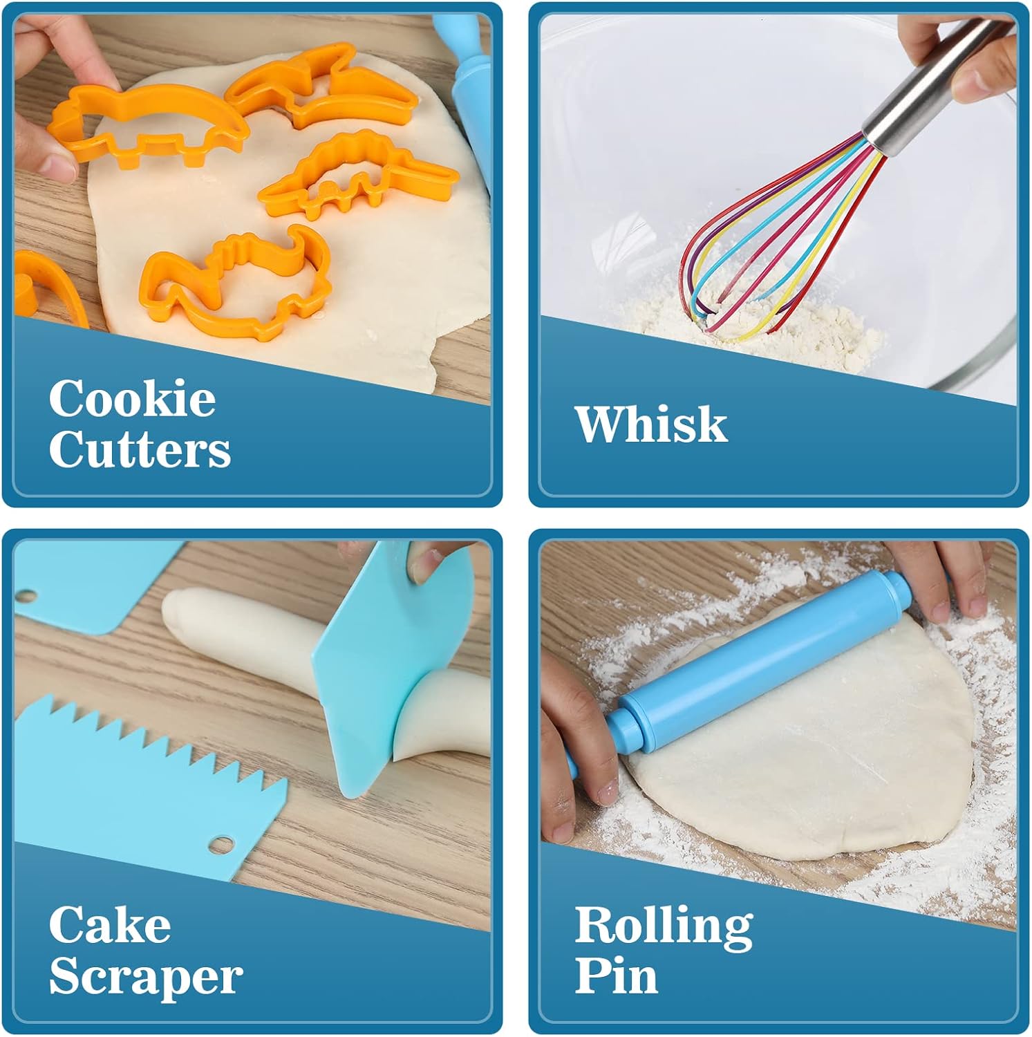 Juego de cocina y horneado para niños, 28 piezas, incluye sombrero de chef para niños y delantal de dinosaurio, guante de horno y utensilios de