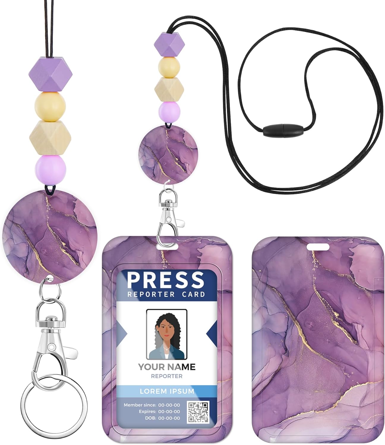 Plifal Cordón para profesor para tarjeta de identificación, diseño de mármol morado para mujer, cordón de cuello con cuentas, soporte estético para