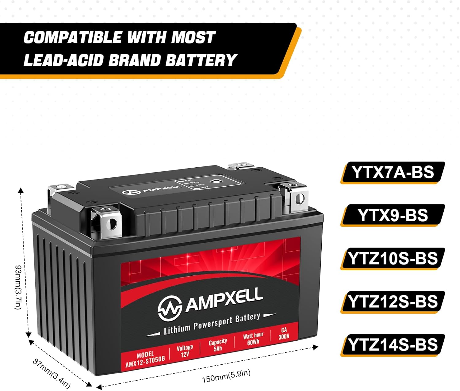 YTX7A-BS – Batería de litio para motocicleta de 12 V, 300 A, 5 Ah, repuesto YTZ10S-BS Powersport batería, motocicleta, ATV, UTV, scooter, 4 ruedas y