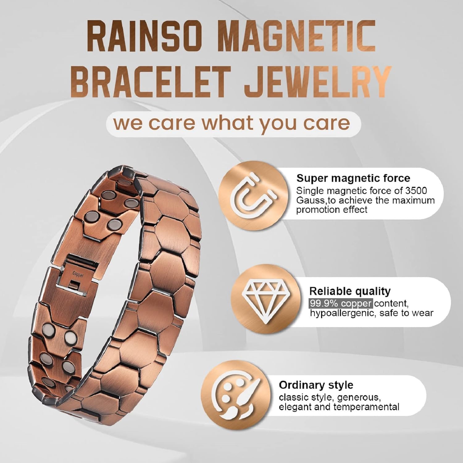 RainSo Pulsera de cobre puro 99.99% para hombres con imanes fuertes de doble fila, 3800 Gauss, joyería ajustable con herramienta de tamaño con caja
