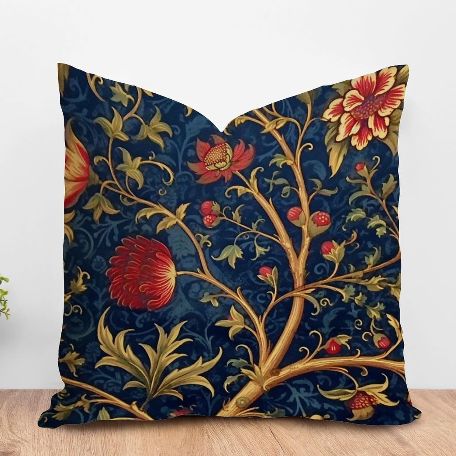 ArogGeld Cojín botánico de lino blanco con flores de olivo burdeos, color azul marino y rojo, floral, blanco, funda de cojín para sofá, chinoiserie