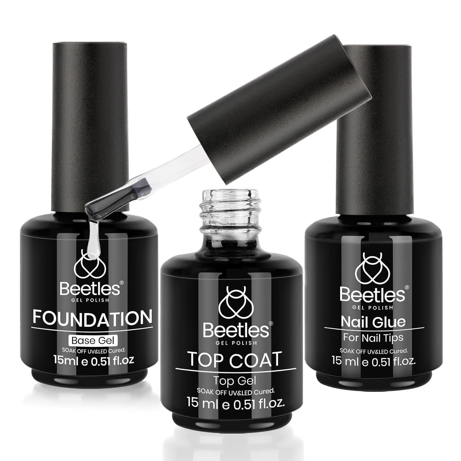 beetles Gel Polish Kit de 3 uñas de gel de 0.5 onzas líquidas, capa superior y capa base con pegamento de gel de uñas 5 en 1 con juego de uñas,