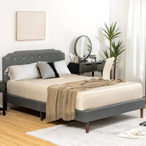 Giantex Base de cama tapizada con cabecera ajustable, base de cama con plataforma suave capitonada de cristal con listones de madera, base de Giantex Base de cama tapizada con cabecera ajustable, base de cama con plataforma suave capitonada de cristal con listones de madera, base de