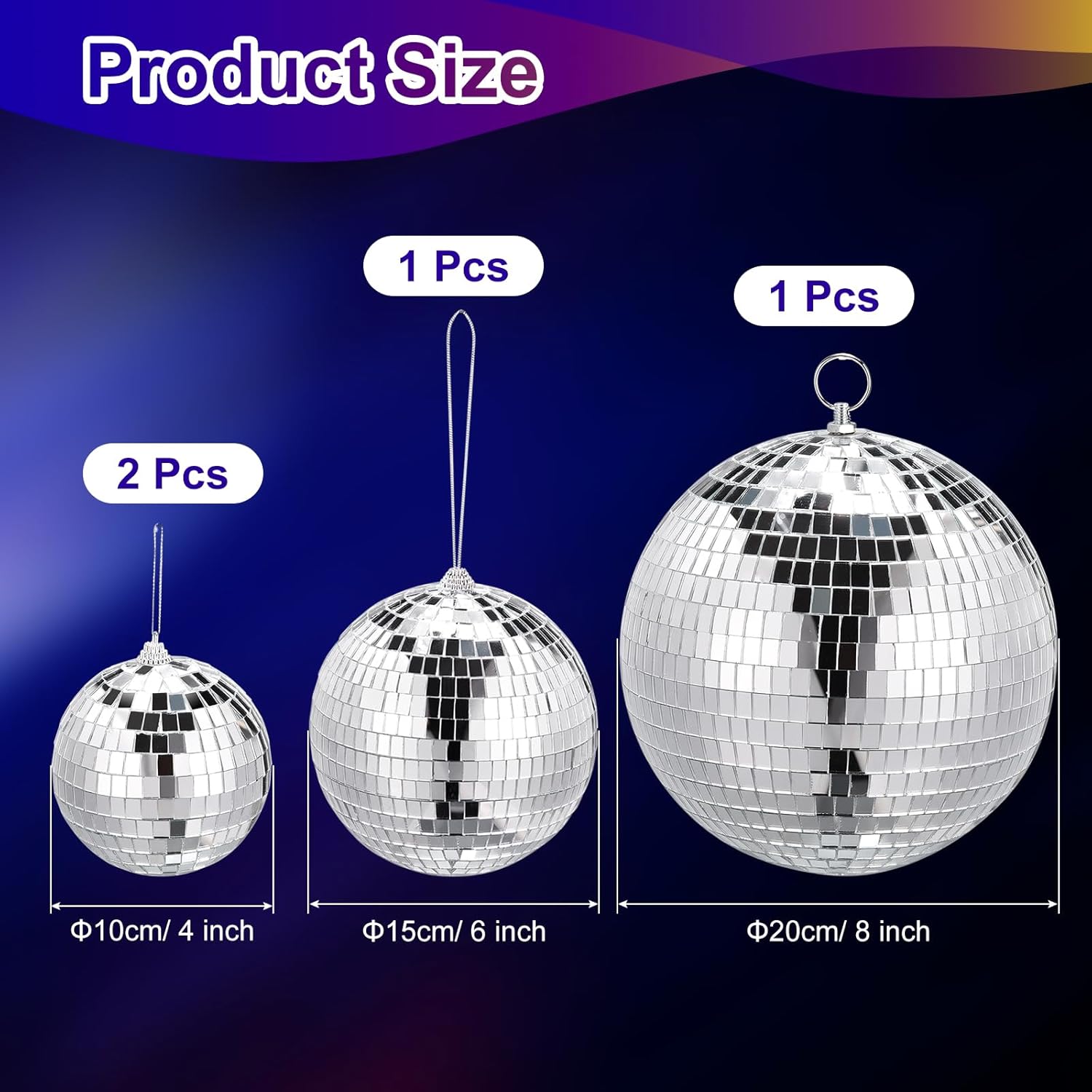 MECCANIXITY Bola de espejo, bolas reflectantes de 4, 6, 8 pulgadas con anillo para colgar, tono plateado, para DJ, club, escenario, boda,