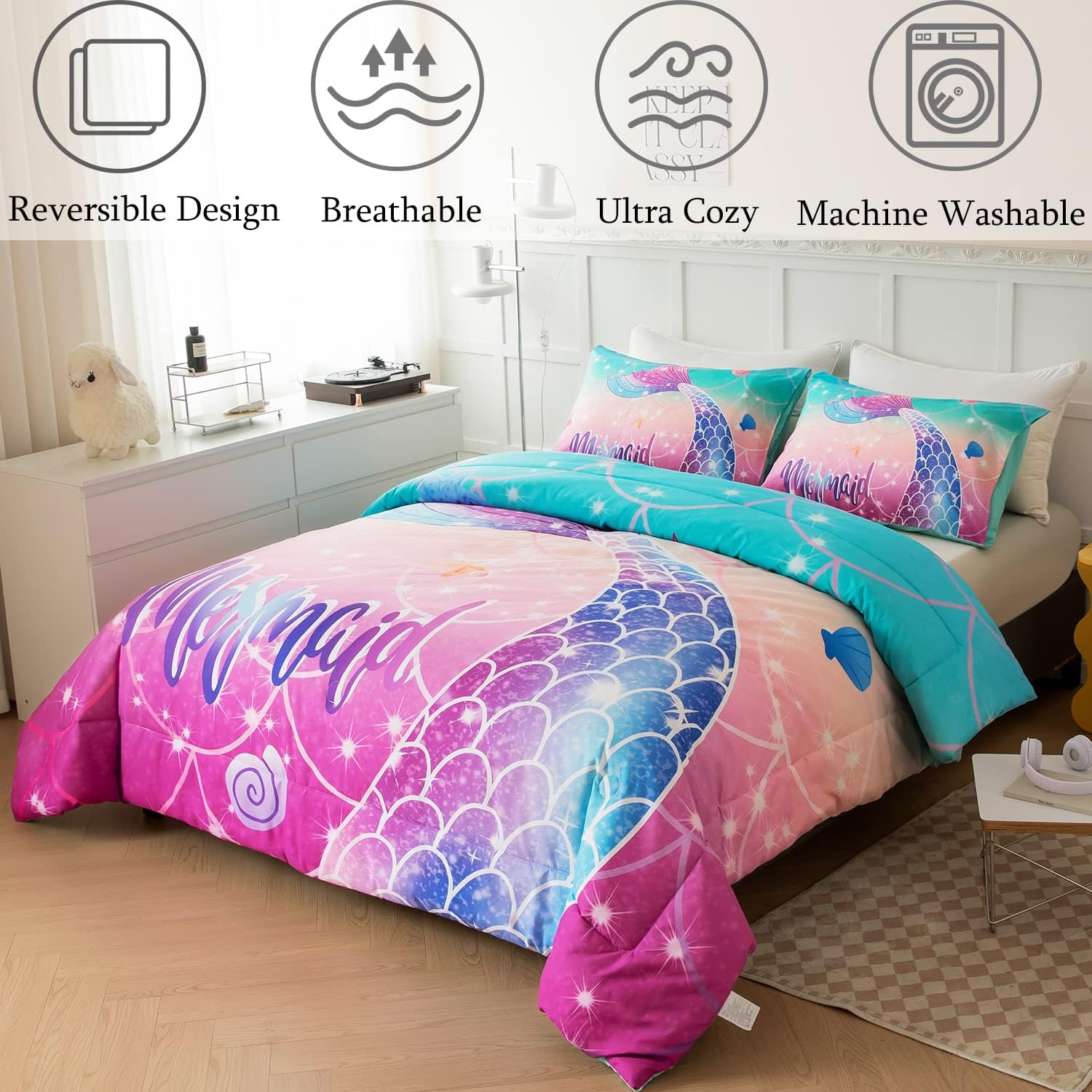 Juego de edredón de sirena tamaño matrimonial para niñas, color rosa, morado, verde azulado, degradado, para todas las estaciones, juego de ropa de