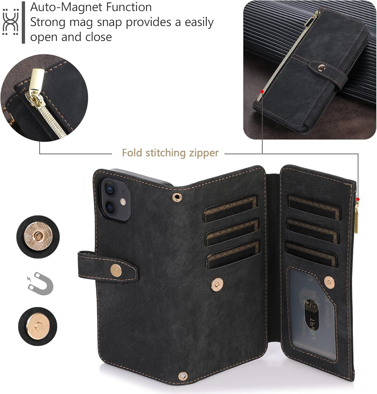 UEEBAI Funda para iPhone 12 Mini de 5.4 pulgadas, 9 ranuras para tarjetas, cartera de cuero retro a prueba de golpes, con correa de mano, ranuras