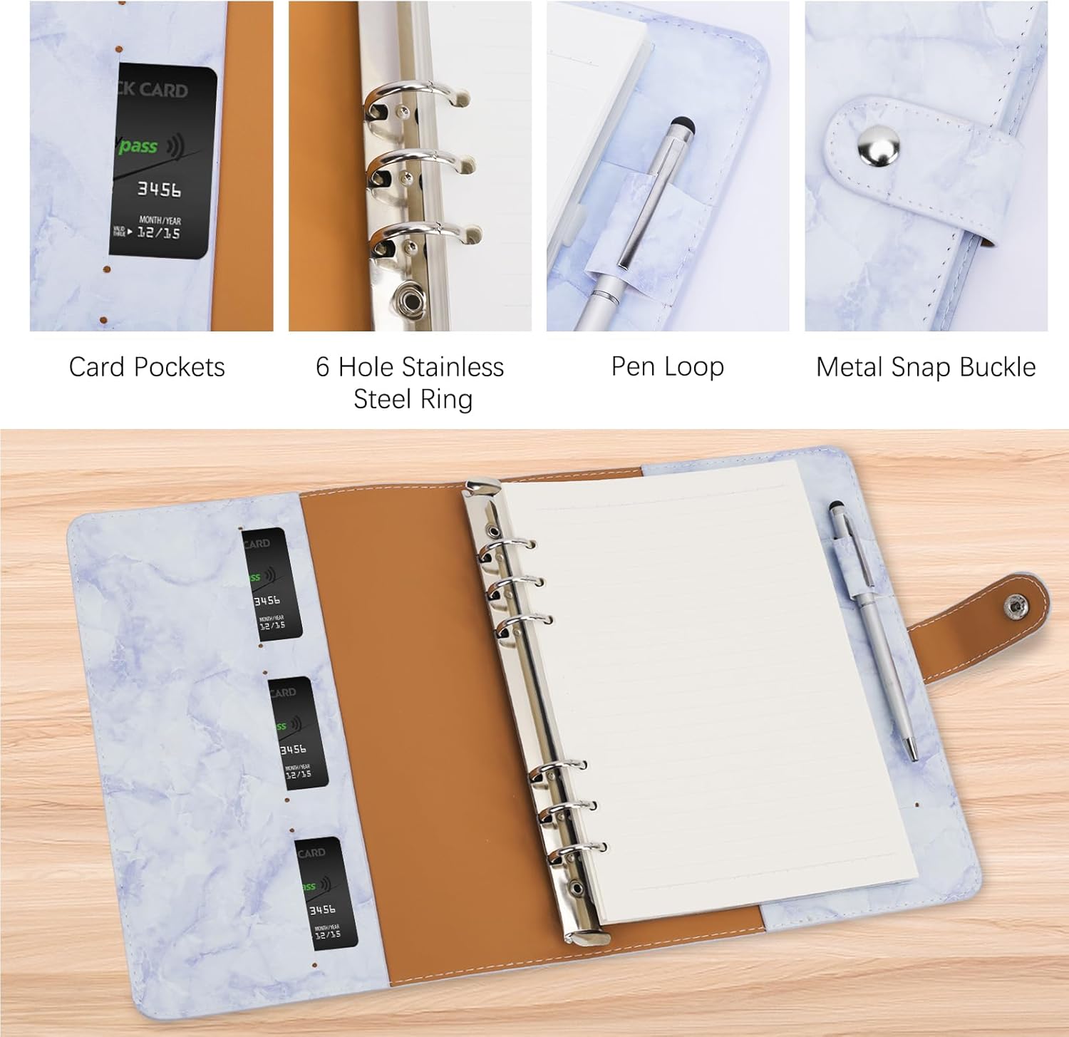 FYY Carpeta de cuero A5 con 6 anillas, cuaderno recargable A5 con bolsillos para carpeta, divisores A5, papel de repuesto A5, carpeta de viaje de