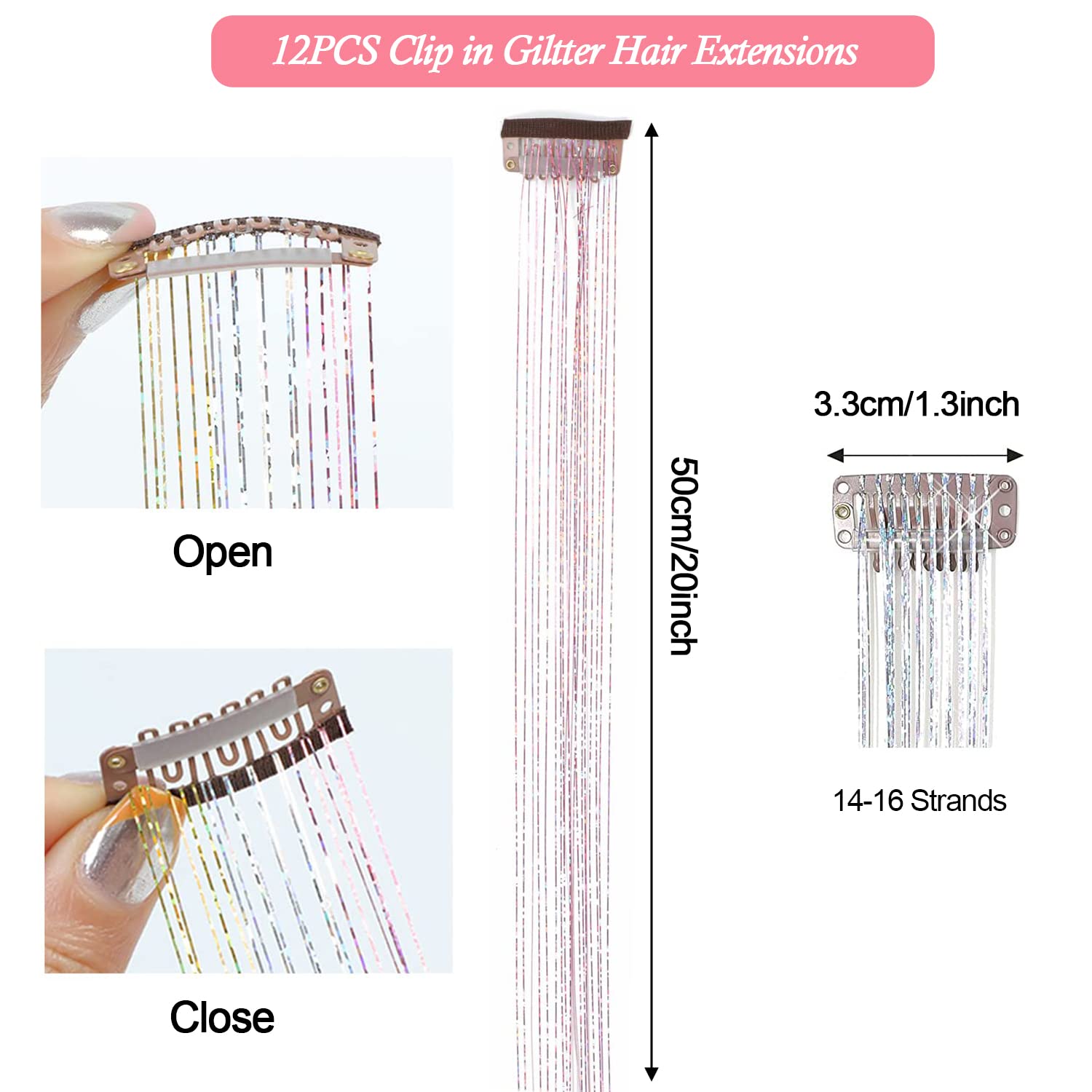 Eliongpu Paquete de 12 piezas de oropel con clip, 20 pulgadas, resistentes al calor, extensiones de oropel con clip, mechones brillantes, regalo de