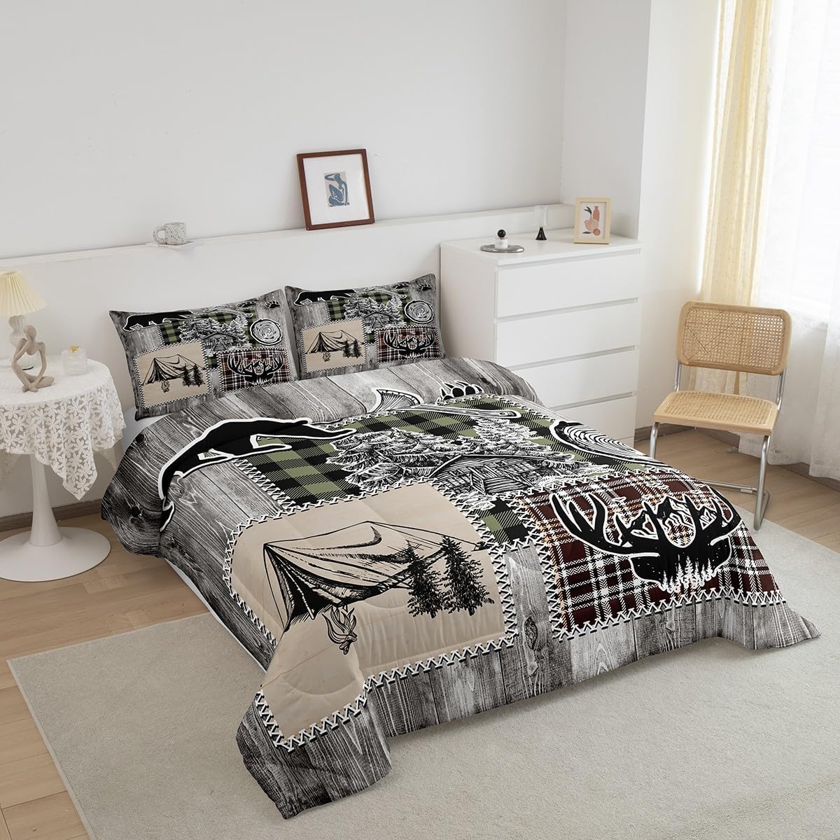 Castle Fairy Juego de edredón de ciervos y cuernos, tamaño individual, juego de ropa de cama con estampado de patas de oso y pinos para niños y