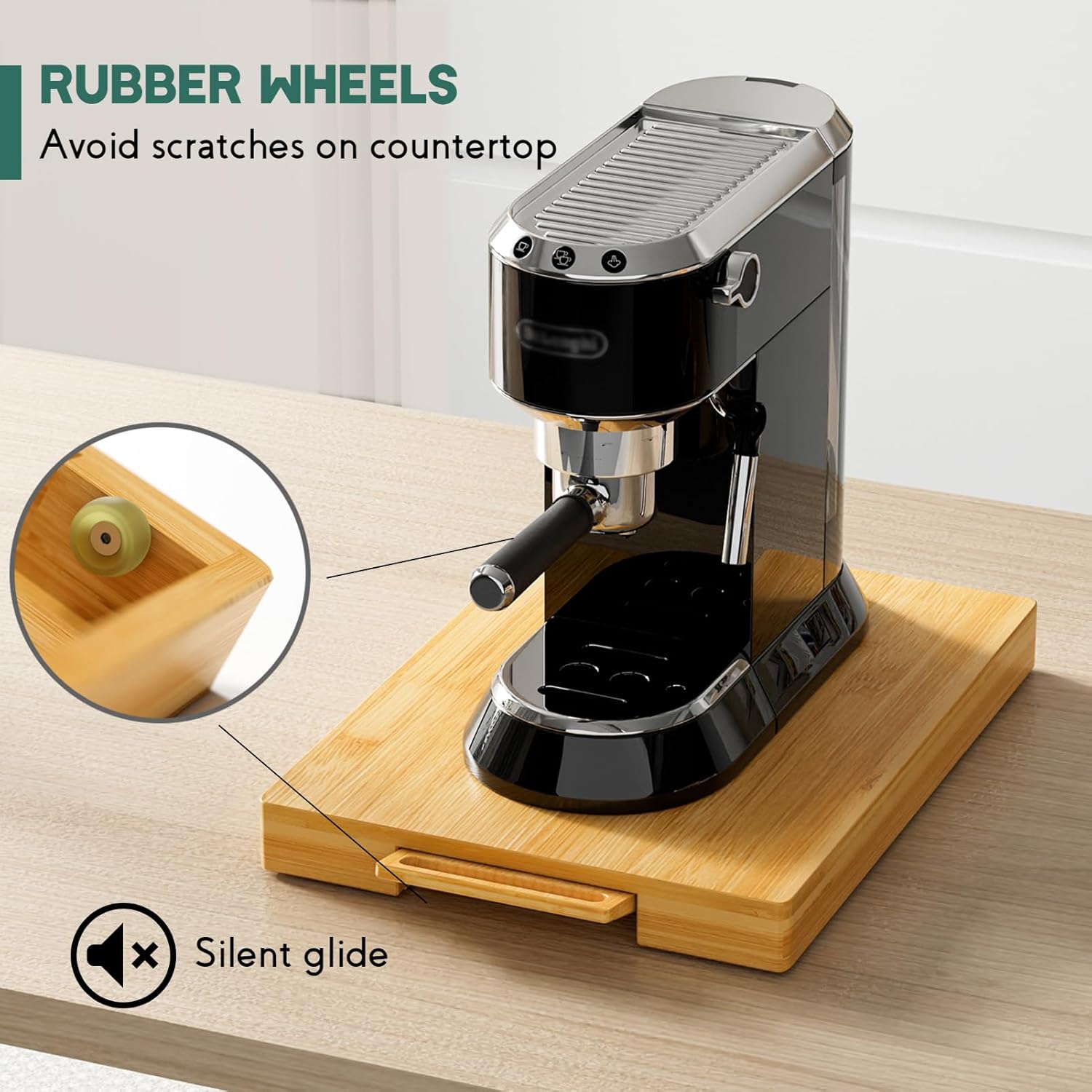 Bandeja deslizante para electrodomésticos, bandeja deslizante para cafetera, bandeja deslizante de bambú para encimera con ruedas giratorias para