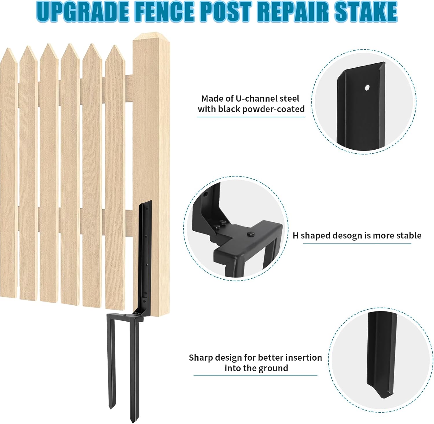 AXWHYS Reparación de postes de valla, 2 unidades, estaca de poste de valla doble con recubrimiento de polvo negro para reparación de postes de valla