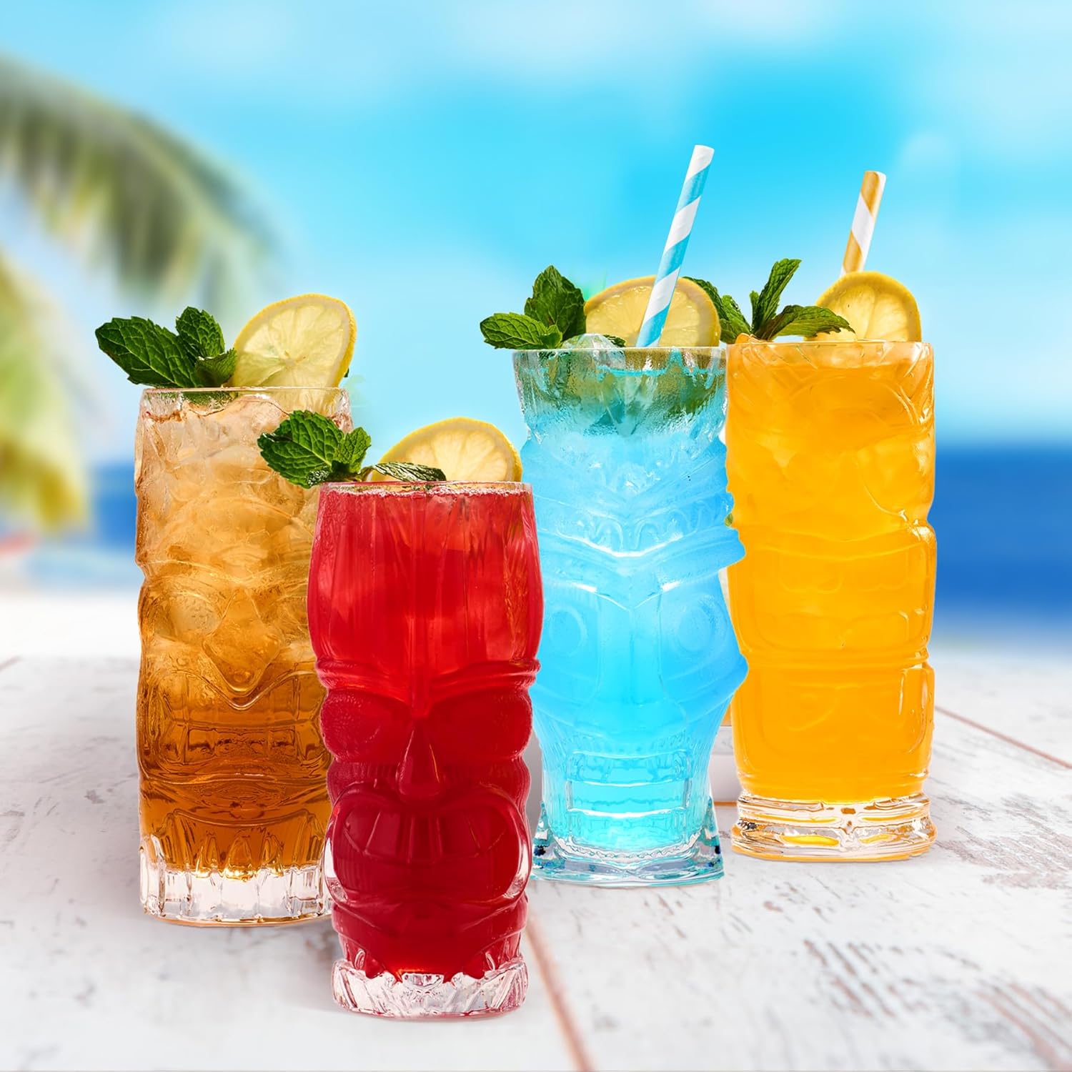 Tiki – Juego de 4 vasos Tiki transparentes de 16 onzas para cóctel, tazas Tiki tropicales modernas, cristalería, ideal para fiestas de tiki bar,
