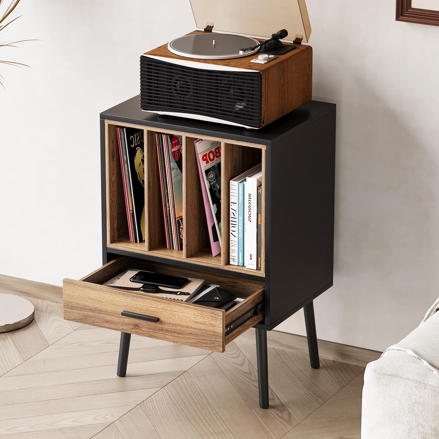 Semiocthome Soporte para tocadiscos con caja de almacenamiento de vinilo anidable, mesa para tocadiscos con cajón y patas de madera maciza, mesa