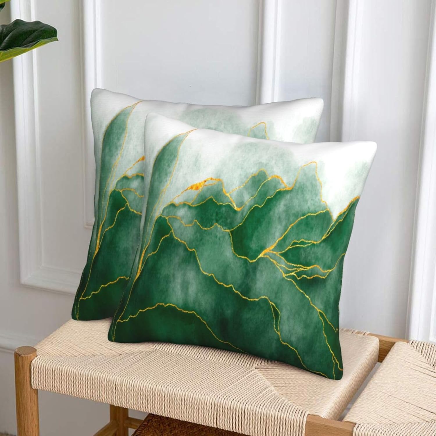 Juego de 2 fundas de almohada decorativas de mármol verde y dorado de 18 x 18 pulgadas, fundas de almohada cuadradas para decoración del hogar, sala
