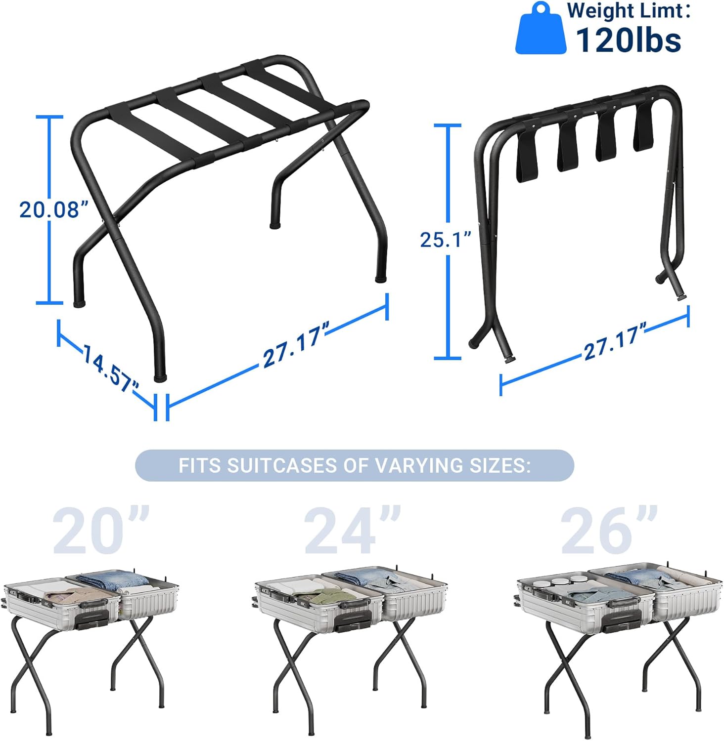 Jsluiiys Portaequipajes, paquete de 2, soporte plegable para maleta, soporte de equipaje plegable tipo X, soporte de equipaje negro resistente,