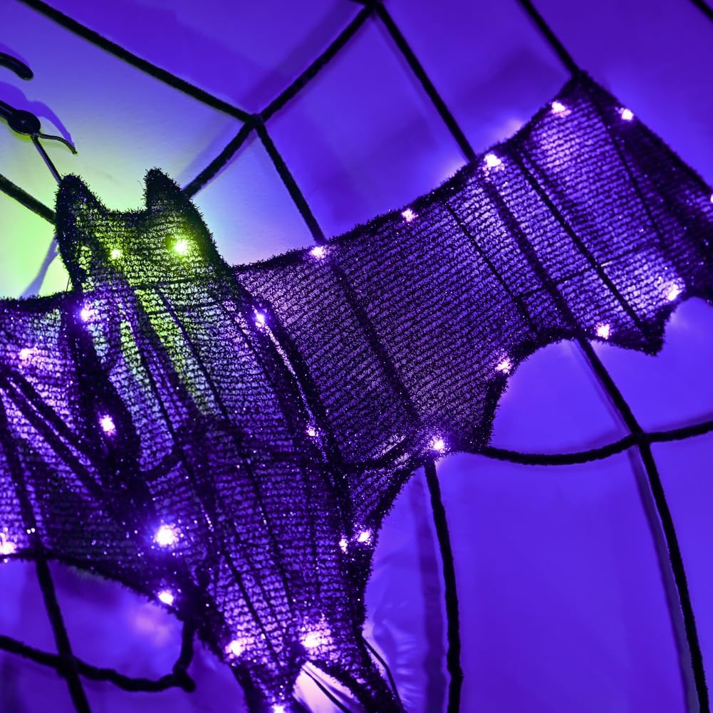 Decoración de murciélago colgante de Halloween, murciélago con purpurina con 45 luces moradas para Halloween, pared, puerta delantera, porche,