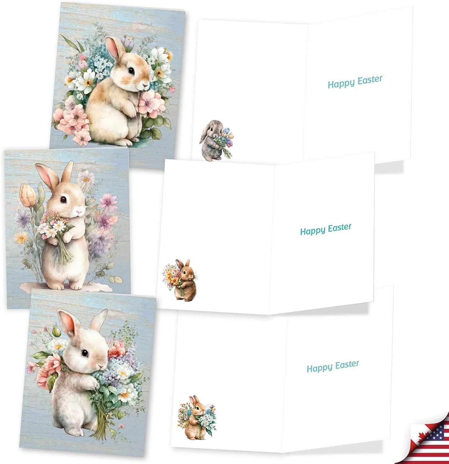 The Best Card Company Juego de 20 tarjetas de Pascua surtidas de 4 x 5.12 pulgadas con sobres (10 diseños, 2 de cada uno) conejitos con flores