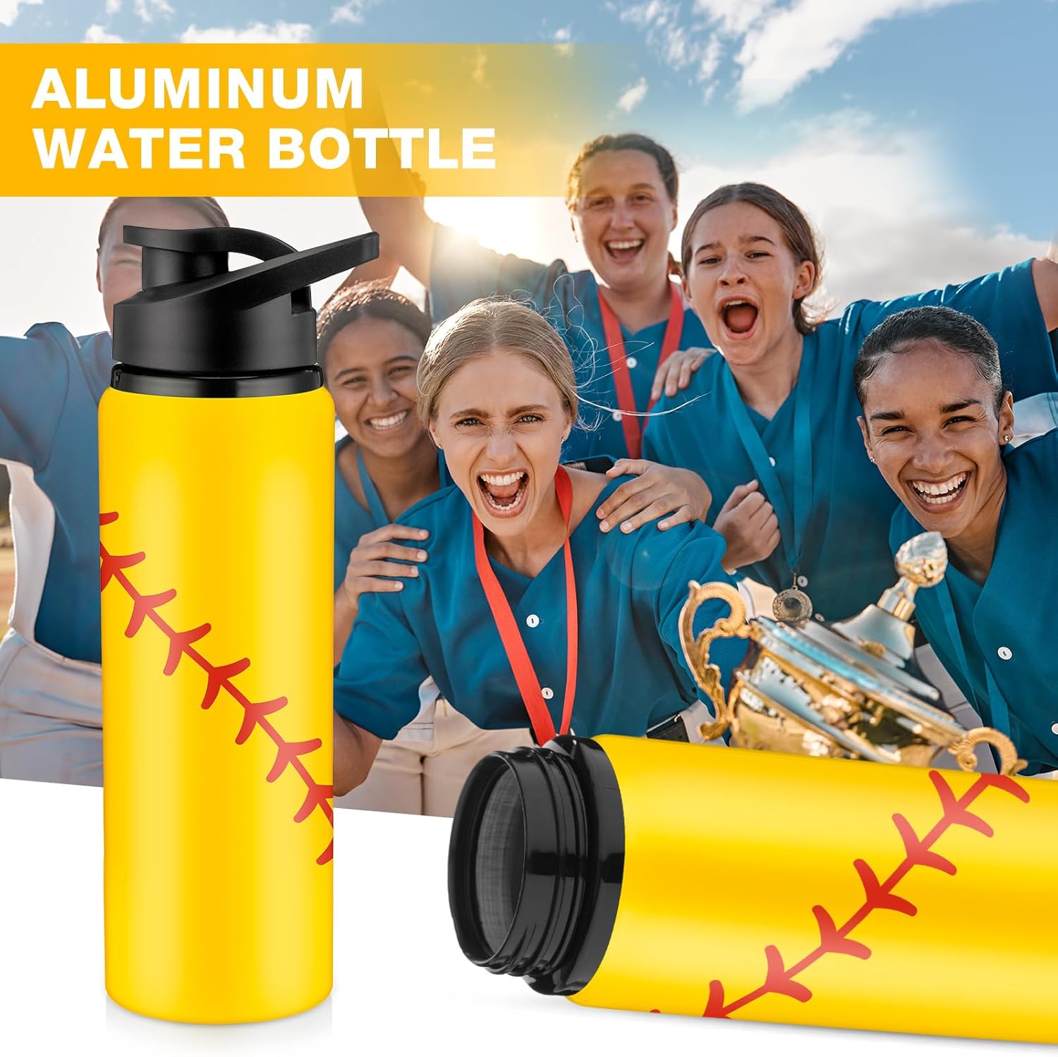 Yaomiao 16 botellas de agua de sóftbol de regalo de softbol, botella de agua de aluminio, tapa a presión, botellas reutilizables a prueba de fugas,