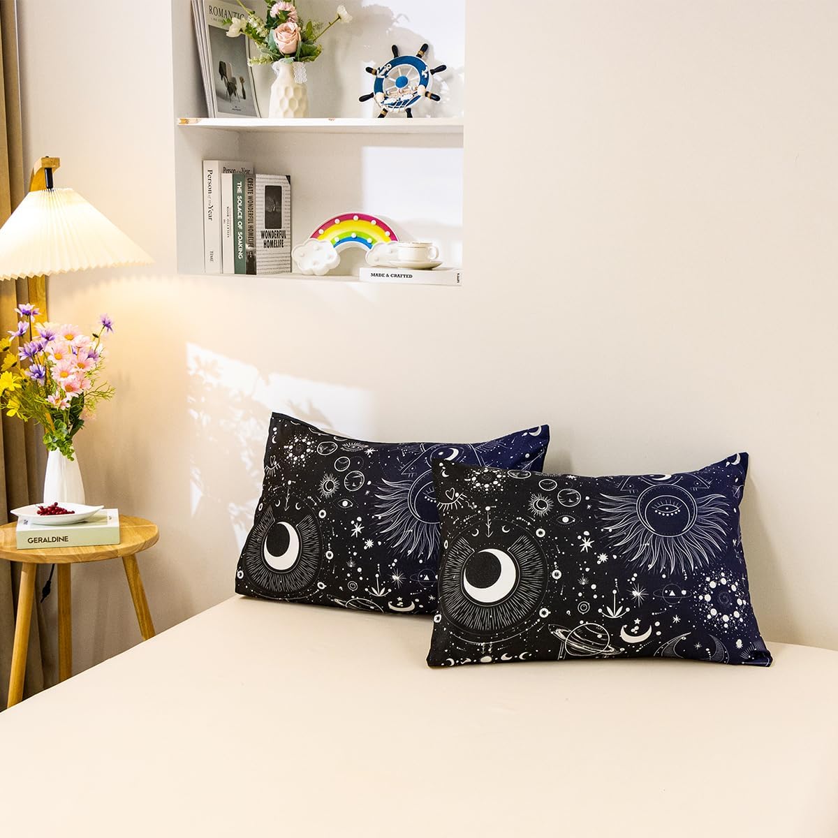 Holawakaka Juego de edredón con estampado de constelaciones de estrellas, luna, tamaño individual, para niñas y niños, juego de ropa de cama con
