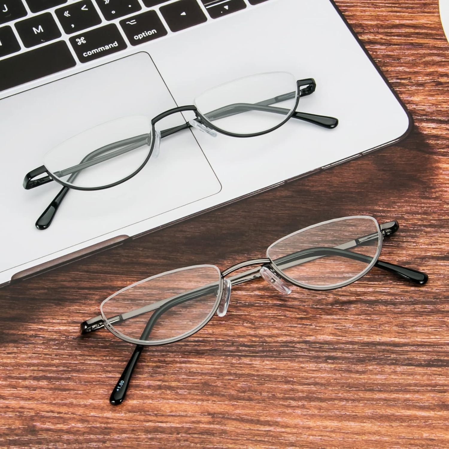 REAVEE Paquete de 2 lentes de lectura de media lente para hombres y mujeres, bisagra de resorte, lentes de lectura de medio marco de metal, lentes