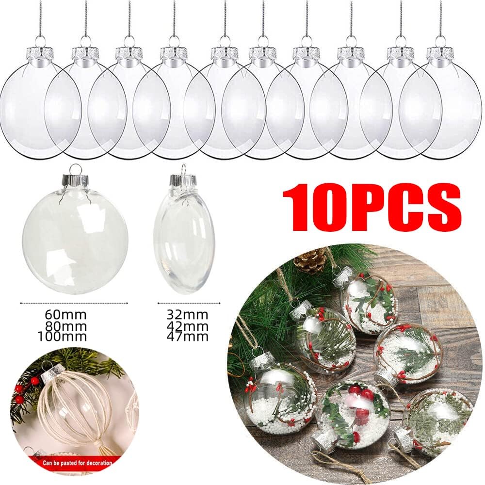 10 bolas de adorno rellenables de plástico transparente, bolas rellenables de disco plano transparente, adornos de bola de árbol de Navidad