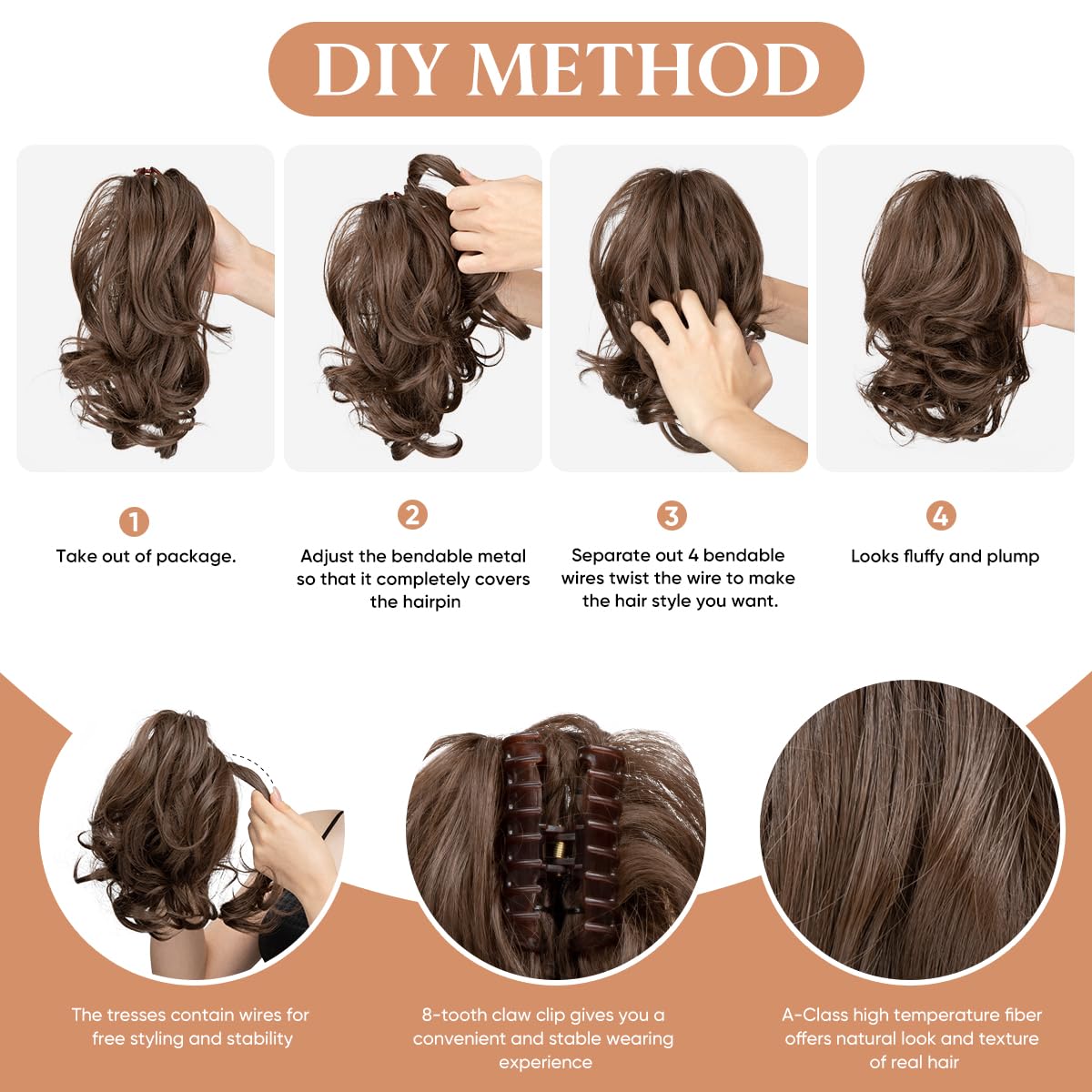 CJL HAIR Extensiones de cabello corto con clip de garra, cola de caballo de metales flexibles, moño desordenado, extensiones de cabello ondulado y