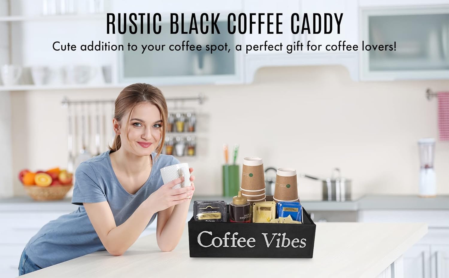 LifeStyle Vibes Organizador de estación de café, organizador de barra de café para encimera con almacenamiento de tazas K, accesorios de estación de