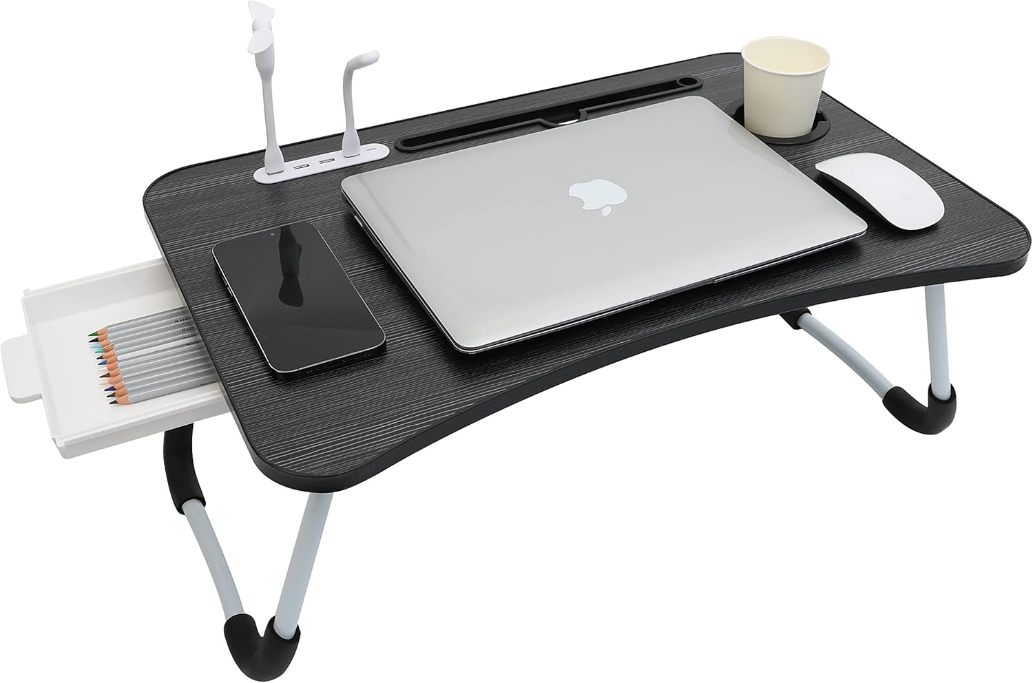 Eternal Wings Escritorio de cama para laptop, mesa plegable portátil con puerto de carga USB, soporte para tazas, cajón de almacenamiento, para