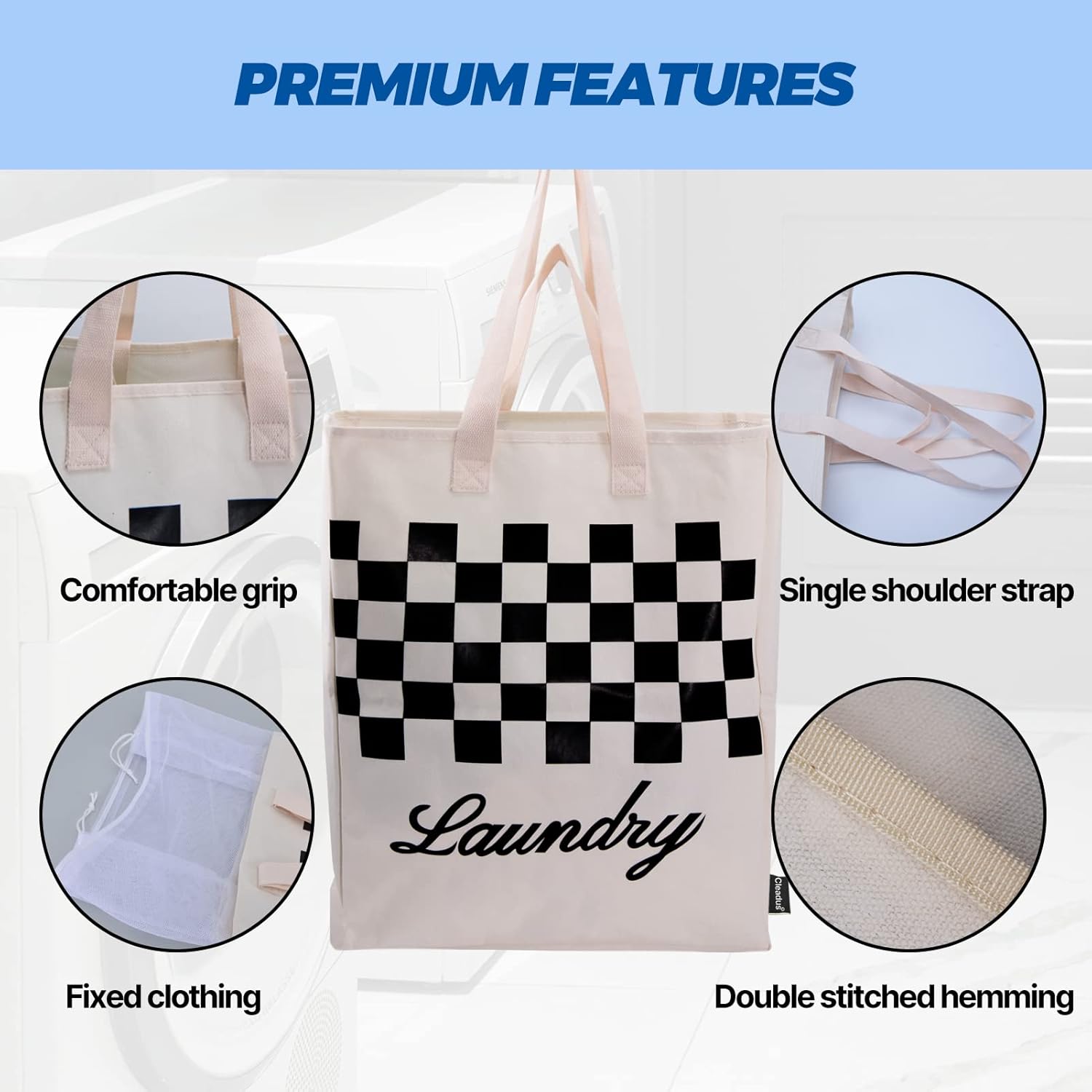 Bolsa de lona para ropa sucia XL, extra grande y resistente, bolsa de almacenamiento con malla de cordón fijo, correas para el hombro y asas, VOL